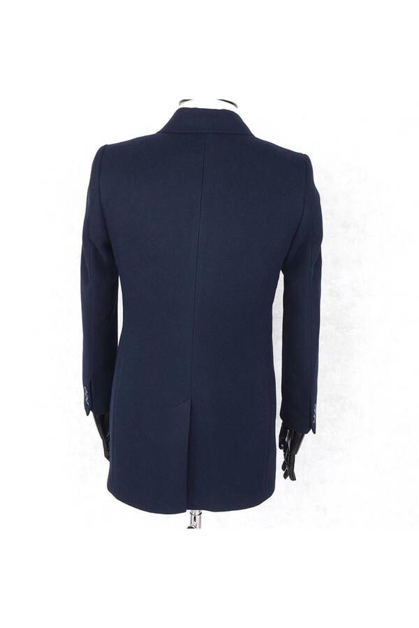 Jancarlucci Men's Double-Breasted Slim Fit Navy Blue Removable Fur Collar Detail Wool Coat - 12