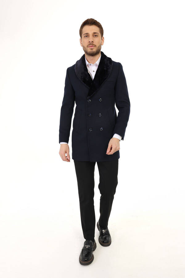 Jancarlucci Men's Double-Breasted Slim Fit Navy Blue Removable Fur Collar Detail Wool Coat - 5