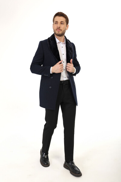 Jancarlucci Men's Double-Breasted Slim Fit Navy Blue Removable Fur Collar Detail Wool Coat - 6