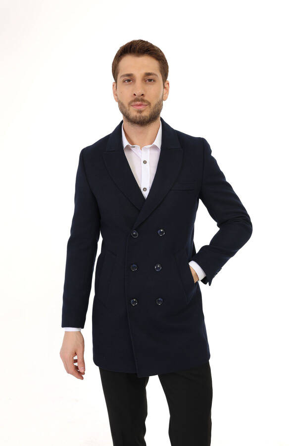 Jancarlucci Men's Double-Breasted Slim Fit Navy Blue Removable Fur Collar Detail Wool Coat - 8