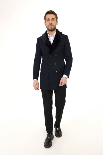 Jancarlucci Men's Double-Breasted Slim Fit Navy Blue Removable Fur Collar Detail Wool Coat - 1