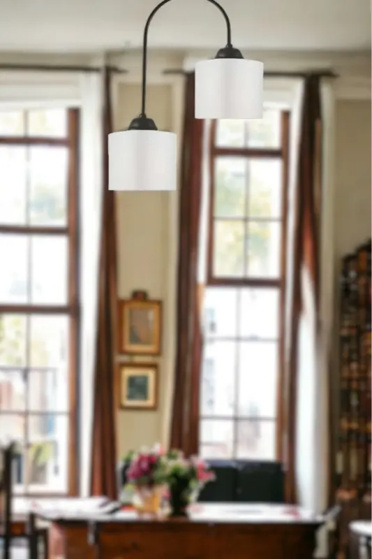 Janin Modern Decorative Black Plof Living Room - Kitchen - Bedroom 2 White Fabric Headlights Chandelier - 2