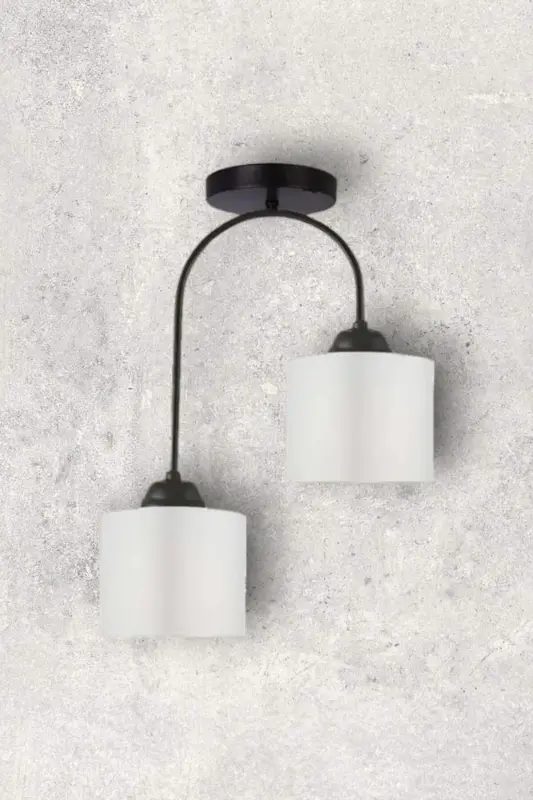 Janin Modern Decorative Black Plof Living Room - Kitchen - Bedroom 2 White Fabric Headlights Chandelier - 3