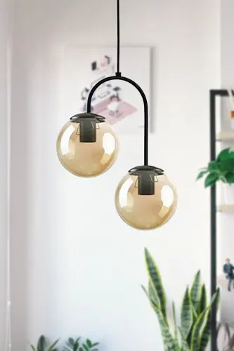 Janin Modern Pendant Black Body Honey Glass Living Room - Kitchen - Bedroom 2-Piece Chandelier 