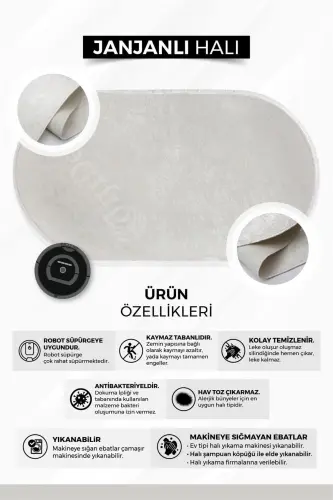 Janjanlı Halı Açık Krem Salon Koridor Antre Mutfak Halısı Silinebilir Saçaklı - 5