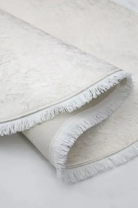 Janjanlı Oval Halı Açık Krem Salon Koridor Antre Mutfak Halısı Silinebilir Saçaklı-JANJANLI - 4