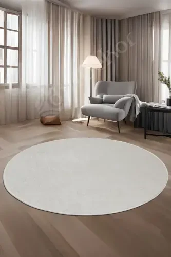 Janjanlı Yuvarlak Halı Açık Krem Salon Koridor Antre Mutfak Halısı Silinebilir - 1