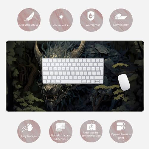 Japan Black Desk Mat Dragon Anime Gaming Mouse Pad Large Desk Pad for Desk Computer Pc Laptop Office Decor for Men, Anime Mouse Keyboard Pad Stitched Edges Non-Slip Rubber Mat Desk Pad, 31.5x15.8 in. - 6