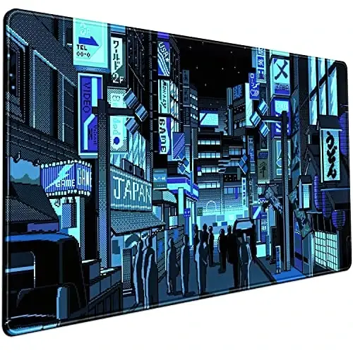 Japanese Gaming Arcade Blue Large Gaming Mouse Pad Keyboard Desk Pad Extended Mouse Pad Gaming Office Decor, Pc Laptop Mouse Pads Large (31.5x15.7 in) with Stitched Eges Non-Slip Base Mousepad XXL - 1