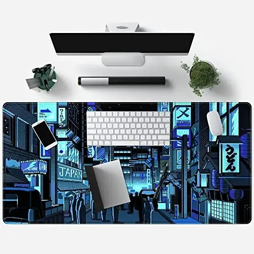 Japanese Gaming Arcade Blue Large Gaming Mouse Pad Keyboard Desk Pad Extended Mouse Pad Gaming Office Decor, Pc Laptop Mouse Pads Large (31.5x15.7 in) with Stitched Eges Non-Slip Base Mousepad XXL - 4