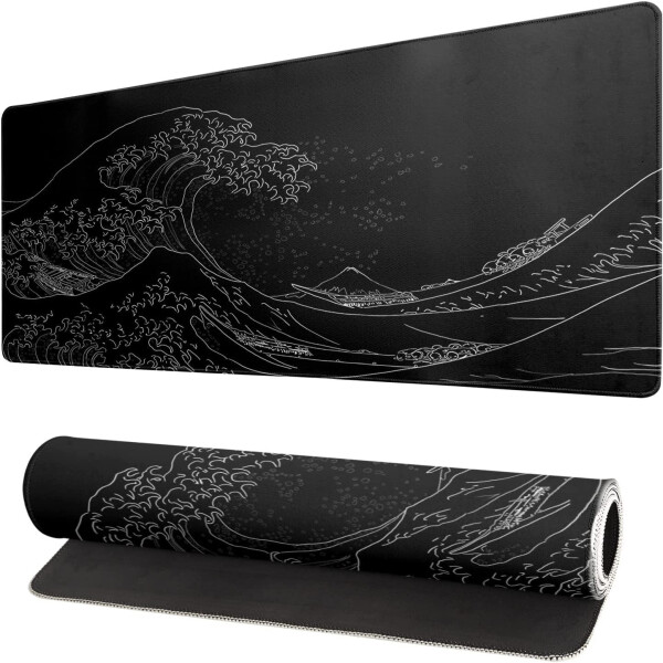 Japanese Sea Wave Large Mouse Pad, Anime Black Gaming Mouse Pad Extended Kanagawa Mouse Mat Desk Pad, 3mm Thick Long Non-Slip Rubber Base Mice Pad, 31.5 X 11.8 Inch - 7