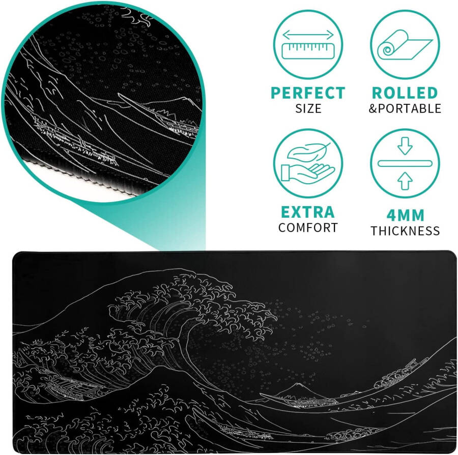 Japanese Sea Wave Large Mouse Pad, Anime Black Gaming Mouse Pad Extended Kanagawa Mouse Mat Desk Pad, 3mm Thick Long Non-Slip Rubber Base Mice Pad, 31.5 X 11.8 Inch - 12