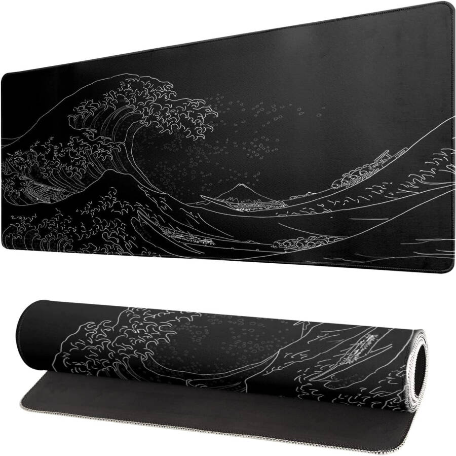 Japanese Sea Wave Large Mouse Pad, Anime Black Gaming Mouse Pad Extended Kanagawa Mouse Mat Desk Pad, 3mm Thick Long Non-Slip Rubber Base Mice Pad, 31.5 X 11.8 Inch - 1