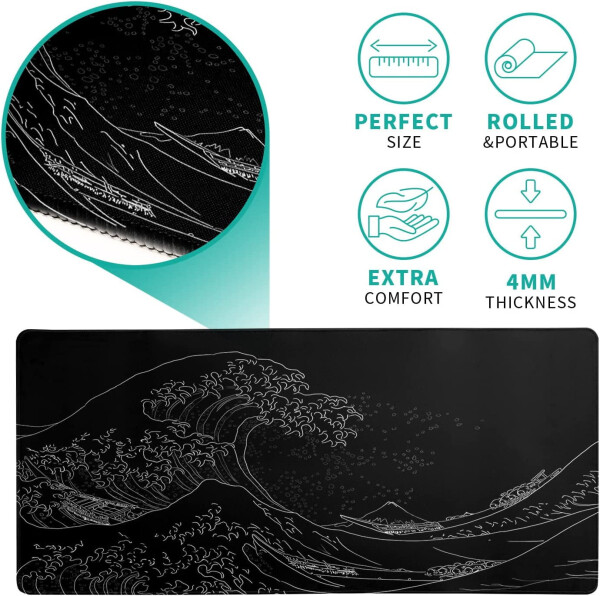 Japanese Sea Wave Large Mouse Pad, Anime Black Gaming Mouse Pad Extended Kanagawa Mouse Mat Desk Pad, 3mm Thick Long Non-Slip Rubber Base Mice Pad, 31.5 X 11.8 Inch - 6