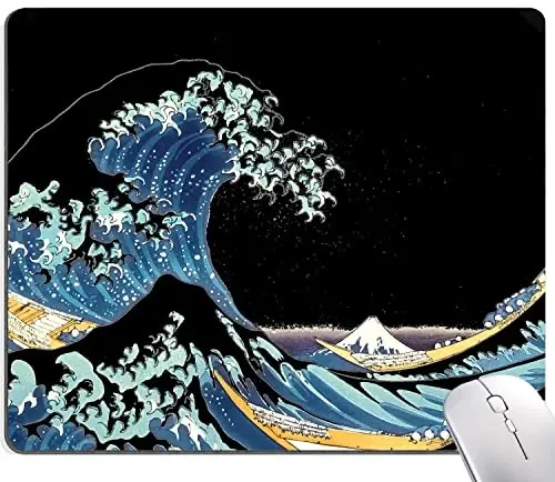 Japanese Sea Wave Mouse Pad, Square Mouse Mat Waterproof Non-Slip Rubber Base MousePads 