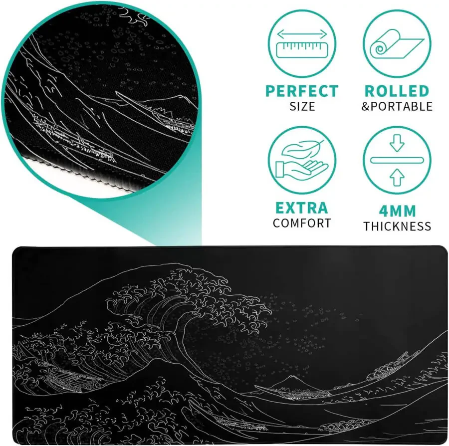 Japanese Sea Wave Large Mouse Pad, Anime Black Gaming Mouse Pad Extended Kanagawa Mouse Mat Desk Pad, 3mm Thick Long Non-Slip Rubber Base Mice Pad, 31.5 X 11.8 Inch-BLACKWAVEOFKANAGAWA - 6