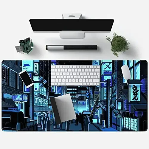 Japanese Gaming Arcade Blue Large Gaming Mouse Pad Keyboard Desk Pad Extended Mouse Pad Gaming Office Decor, Pc Laptop Mouse Pads Large (31.5x15.7 in) with Stitched Eges Non-Slip Base Mousepad XXL - 4