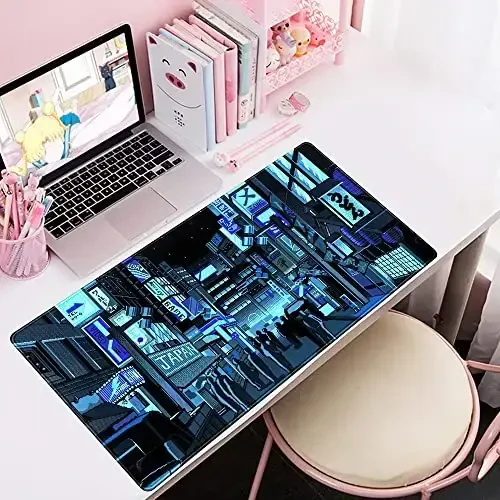 Japanese Gaming Arcade Blue Large Gaming Mouse Pad Keyboard Desk Pad Extended Mouse Pad Gaming Office Decor, Pc Laptop Mouse Pads Large (31.5x15.7 in) with Stitched Eges Non-Slip Base Mousepad XXL - 5