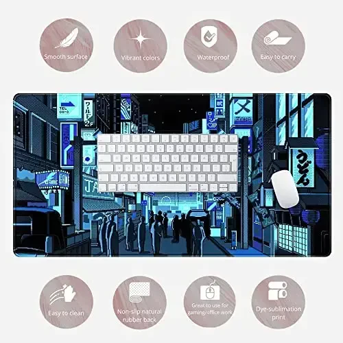 Japanese Gaming Arcade Blue Large Gaming Mouse Pad Keyboard Desk Pad Extended Mouse Pad Gaming Office Decor, Pc Laptop Mouse Pads Large (31.5x15.7 in) with Stitched Eges Non-Slip Base Mousepad XXL - 6