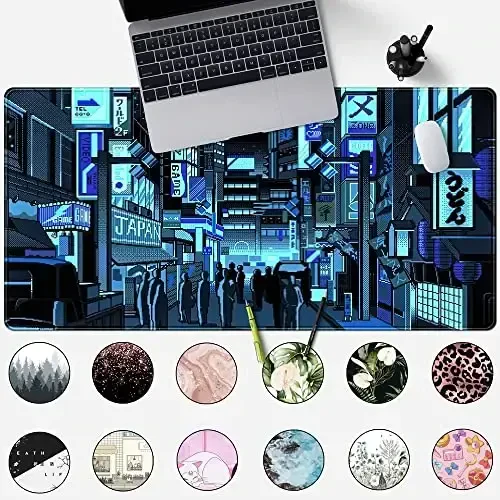 Japanese Gaming Arcade Blue Large Gaming Mouse Pad Keyboard Desk Pad Extended Mouse Pad Gaming Office Decor, Pc Laptop Mouse Pads Large (31.5x15.7 in) with Stitched Eges Non-Slip Base Mousepad XXL - MECHANICAL CATTLE (1)