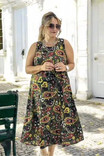 JAPONE COLLAR(SLEEVELESS) SHAWL PATTERNED COTTON VISCOSE PLUS SIZE FLARED DRESS-Khaki - 3