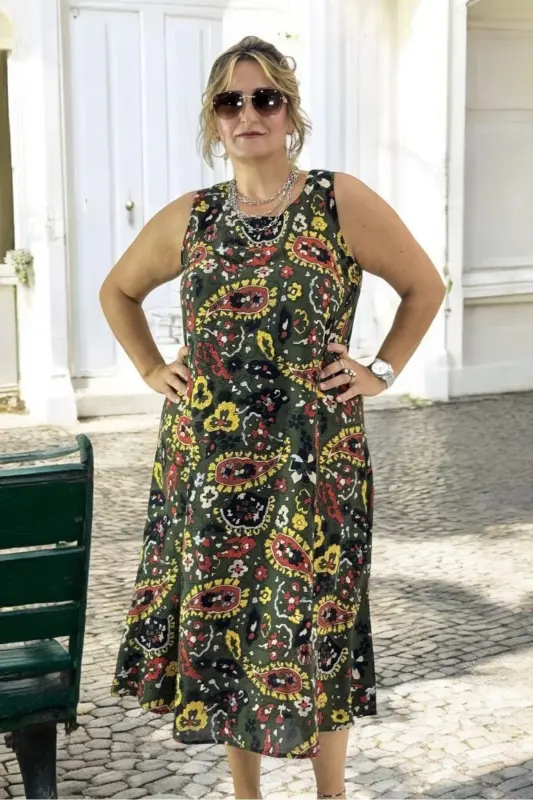 JAPONE COLLAR(SLEEVELESS) SHAWL PATTERNED COTTON VISCOSE PLUS SIZE FLARED DRESS-Khaki - 4