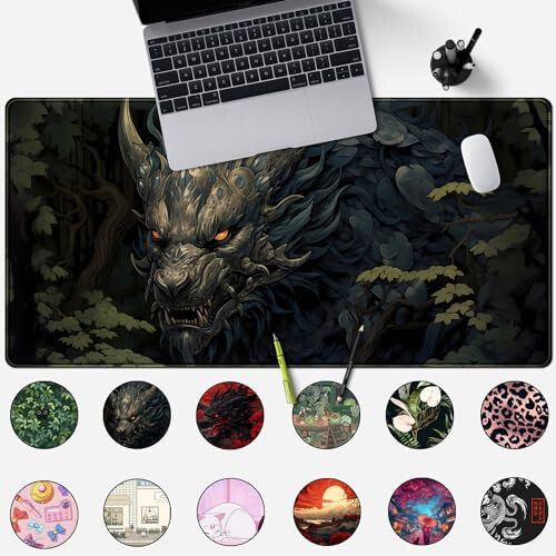 Japonya Siyah Masa Matı Ejderha Anime Oyun Mouse Pad Büyük Masa Pad Masa Bilgisayar Pc Dizüstü Bilgisayar Ofis Dekor Erkekler İçin, Anime Mouse Klavye Pad Dikişli Kenarlar Kaymaz Kauçuk Mat Masa Pad, 31.5x15.8 in. - 2