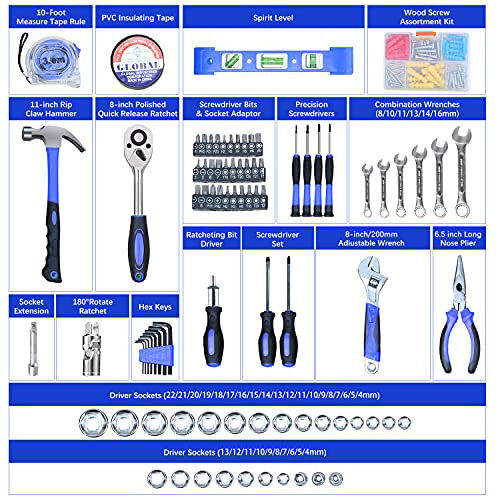 Jar-Owl 146 Piece Tool Kit, Drive Socket Set Auto Repair Tool Combination Mixed Tool Set, General Household Hand Tool Kits with Plastic Toolbox Storage Case - jar-owl (1)