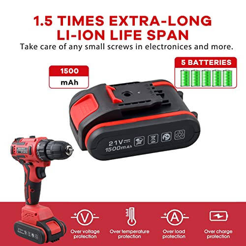 jar-owl Powerful Brushless Motor 21V Cordless Drill Set, 319 in-lb Torque, 0-1350RMP Variable Speed, 10MM 3/8'' Keyless Chuck, 25+1 Clutch, 1.5Ah Li-Ion Battery & Charger for Home Tool Kit - 3