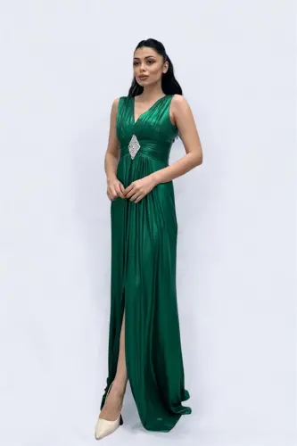 Jarse Kumaş Kemeri Taş Detaylı Abiye Elbise - ZÜMRÜT YEŞİL - 4