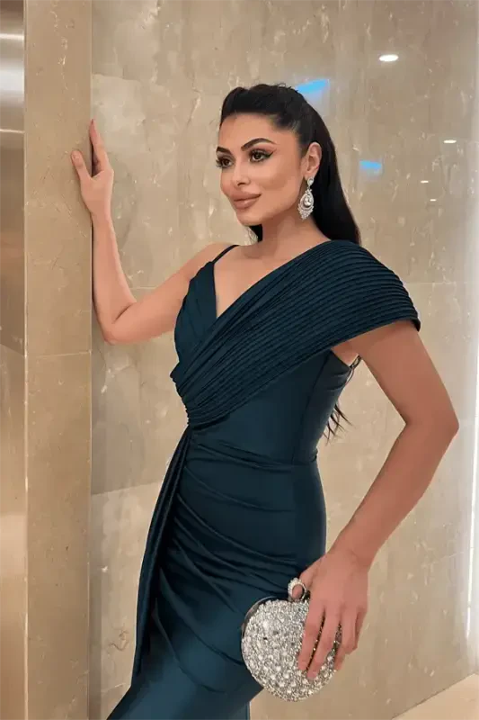 Jarse Kumaş Şal Desenli Abiye Elbise - ZÜMRÜT YEŞİL - 4