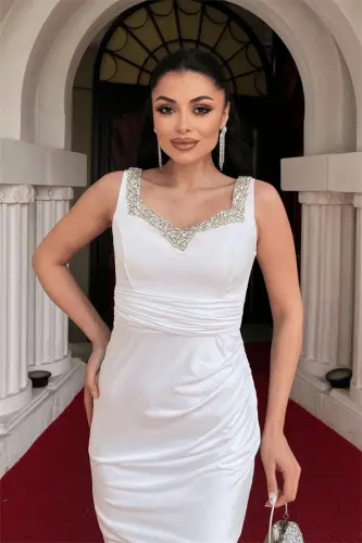 Jarse Kumaş Taş Detaylı Abiye Elbise - BEYAZ - 3