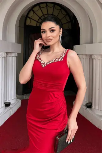 Jarse Kumaş Taş Detaylı Abiye Elbise - KIRMIZI - 3