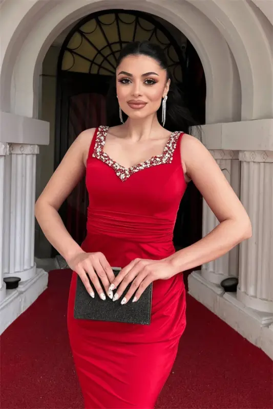 Jarse Kumaş Taş Detaylı Abiye Elbise - KIRMIZI - 4