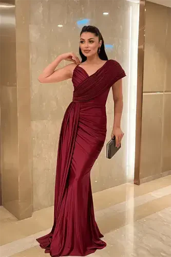 Jarse mato shol naqshli kechki libos - BORDO - 1