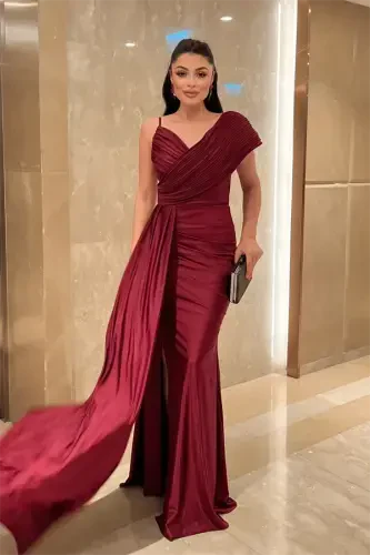 Jarse mato shol naqshli kechki libos - BORDO - 2