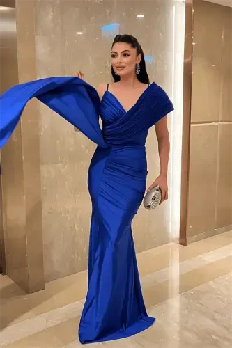 Jarse mato shol naqshli kechki libos - SAKS MAVI - 2