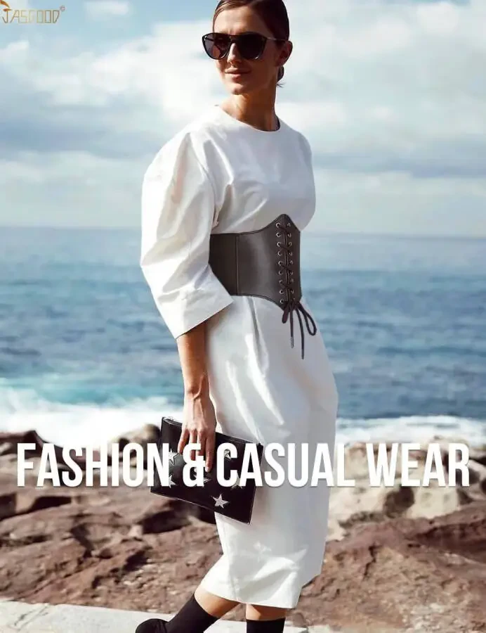 JASGOOD Ayollar uchun jigarrang korsetli keng kamarlar, kiyimlar uchun dantelli bog'langan elastik kamar - 6