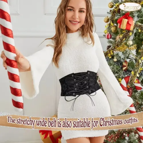 JASGOOD Women Elastic Wide Belt Lace-up Tied Waspie Black Corset Belts for Dress-BLACK - JASGOOD (1)