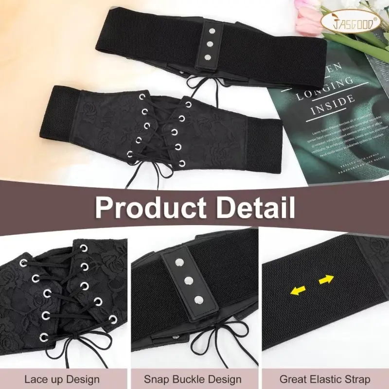 JASGOOD Women Elastic Wide Belt Lace-up Tied Waspie Black Corset Belts for Dress-BLACK - 3