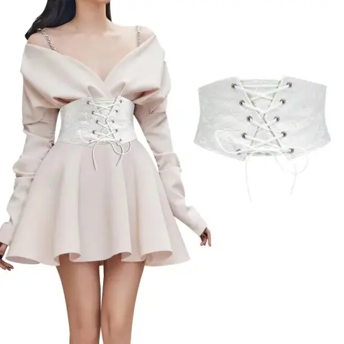 JASGOOD Women Elastic Wide Belt Lace-up Tied Waspie White Corset Belts for Dress-WHITE - 1