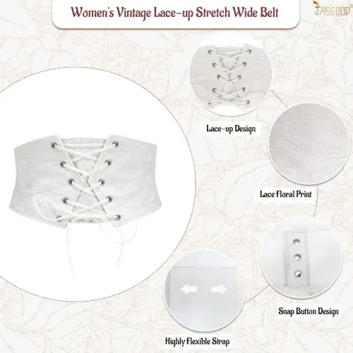 JASGOOD Women Elastic Wide Belt Lace-up Tied Waspie White Corset Belts for Dress-WHITE - 5