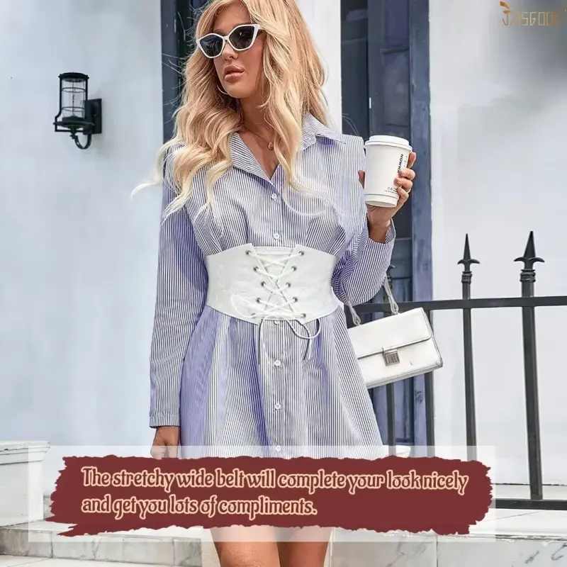 JASGOOD Women Elastic Wide Belt Lace-up Tied Waspie White Corset Belts for Dress-WHITE - 6