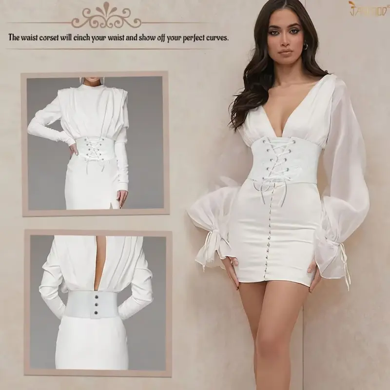 JASGOOD Women Elastic Wide Belt Lace-up Tied Waspie White Corset Belts for Dress-WHITE - 7