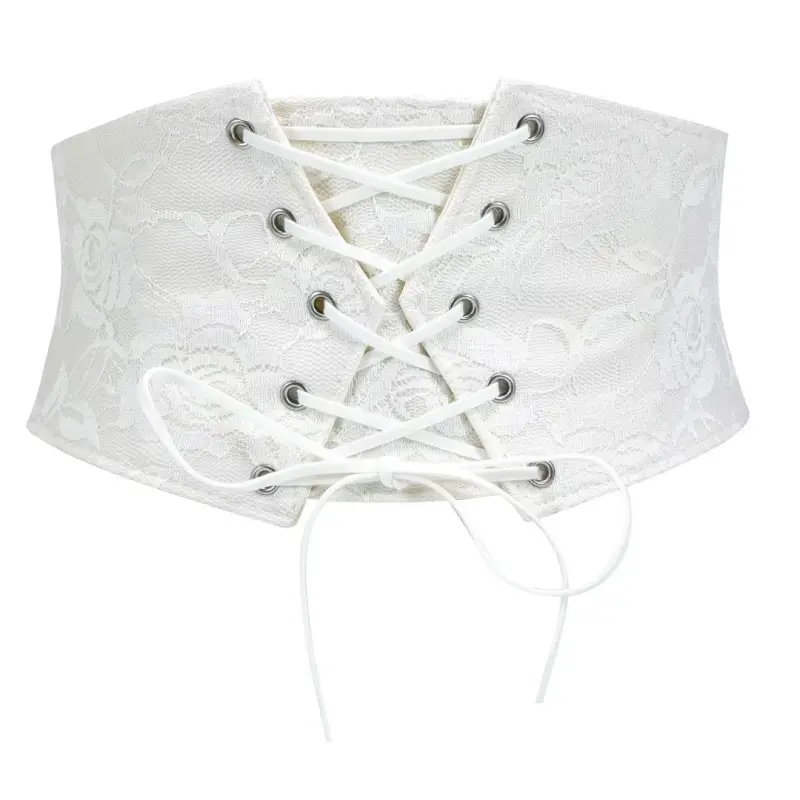 JASGOOD Women Elastic Wide Belt Lace-up Tied Waspie White Corset Belts for Dress-WHITE - 9