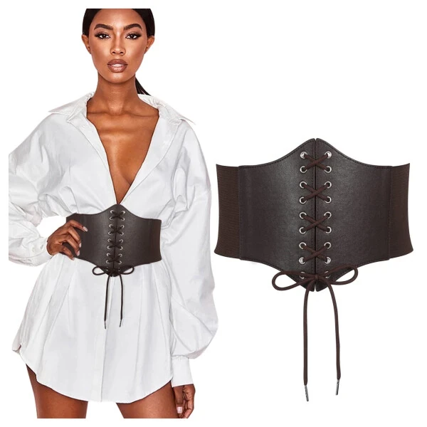 JASGOOD Ladies Brown Corset Wide Belts for Women Lace-up Tied Elastic Waist Belt for Dresses - JASGOOD