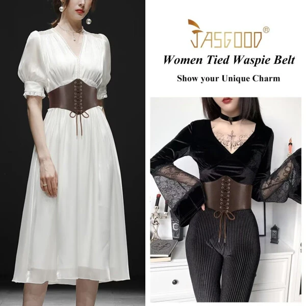 JASGOOD Ladies Brown Corset Wide Belts for Women Lace-up Tied Elastic Waist Belt for Dresses - JASGOOD (1)