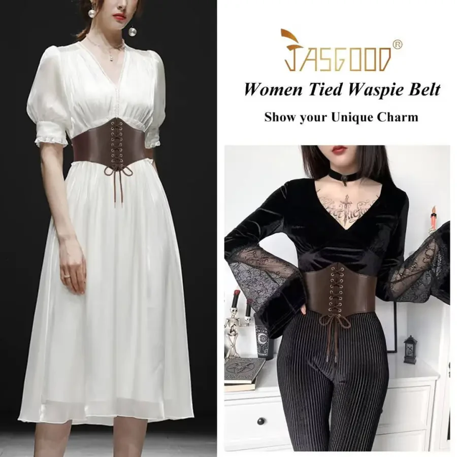 JASGOOD Ladies Brown Corset Wide Belts for Women Lace-up Tied Elastic Waist Belt for Dresses - 2