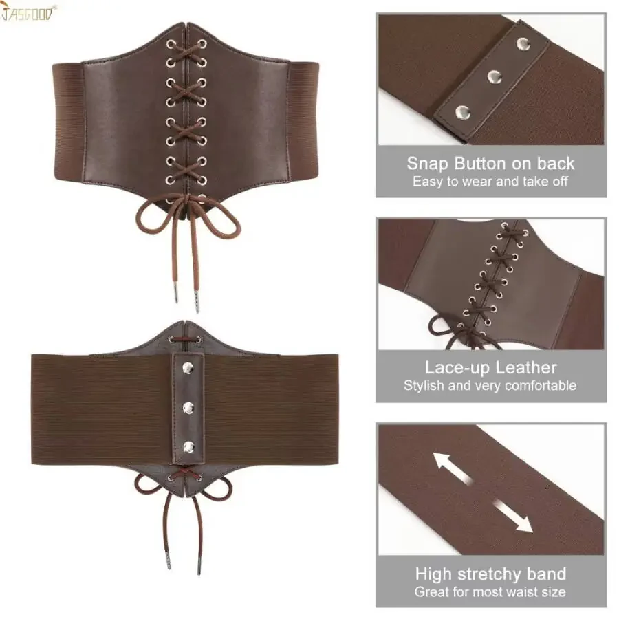JASGOOD Ladies Brown Corset Wide Belts for Women Lace-up Tied Elastic Waist Belt for Dresses - 7