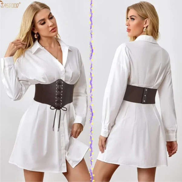 JASGOOD Ladies Brown Corset Wide Belts for Women Lace-up Tied Elastic Waist Belt for Dresses - 8